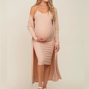 Maternity Ribbed Tank Dress with Long Cardigan - brown